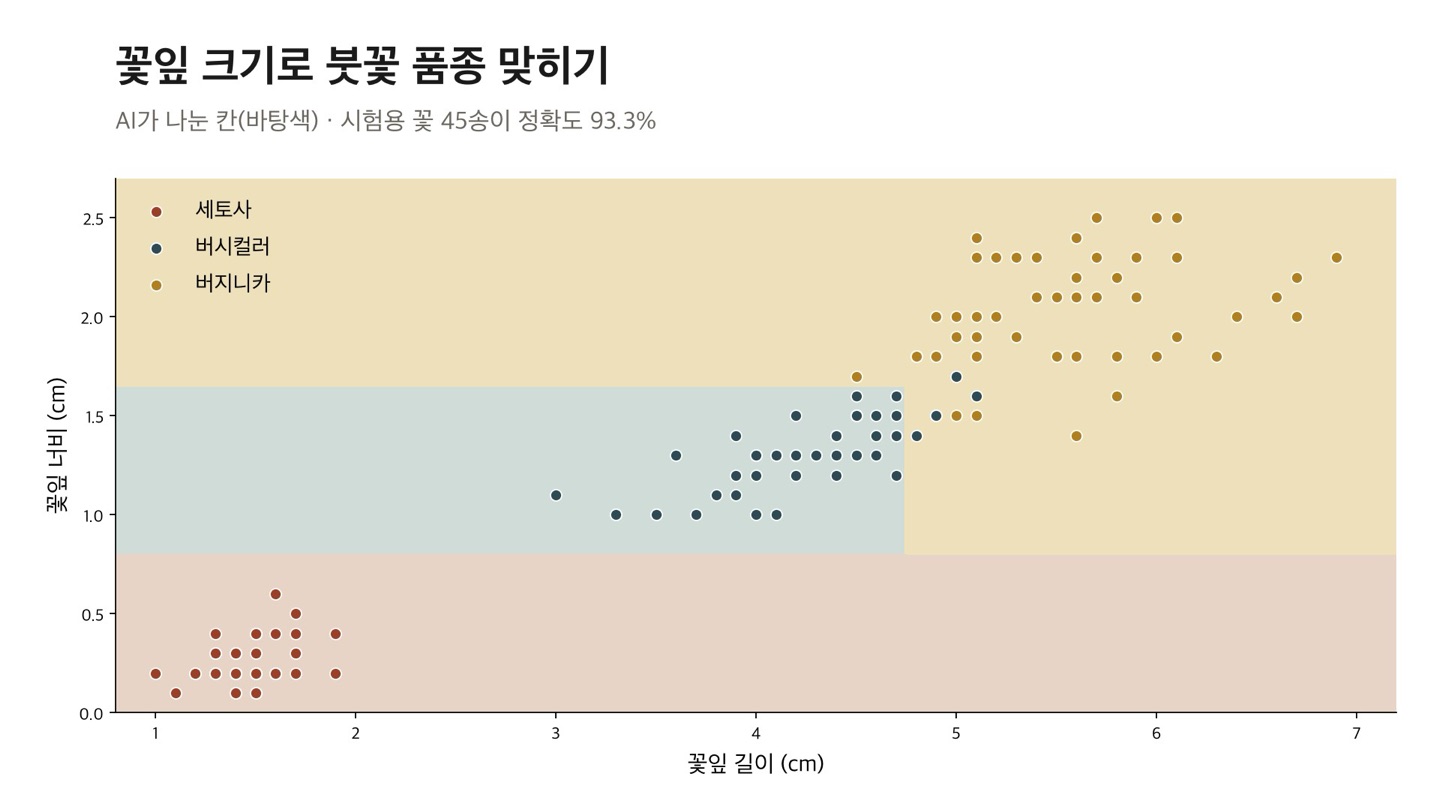 꽃잎 크기로 붓꽃 품종을 나눈 AI 결과 그래프, 정확도 93.3%