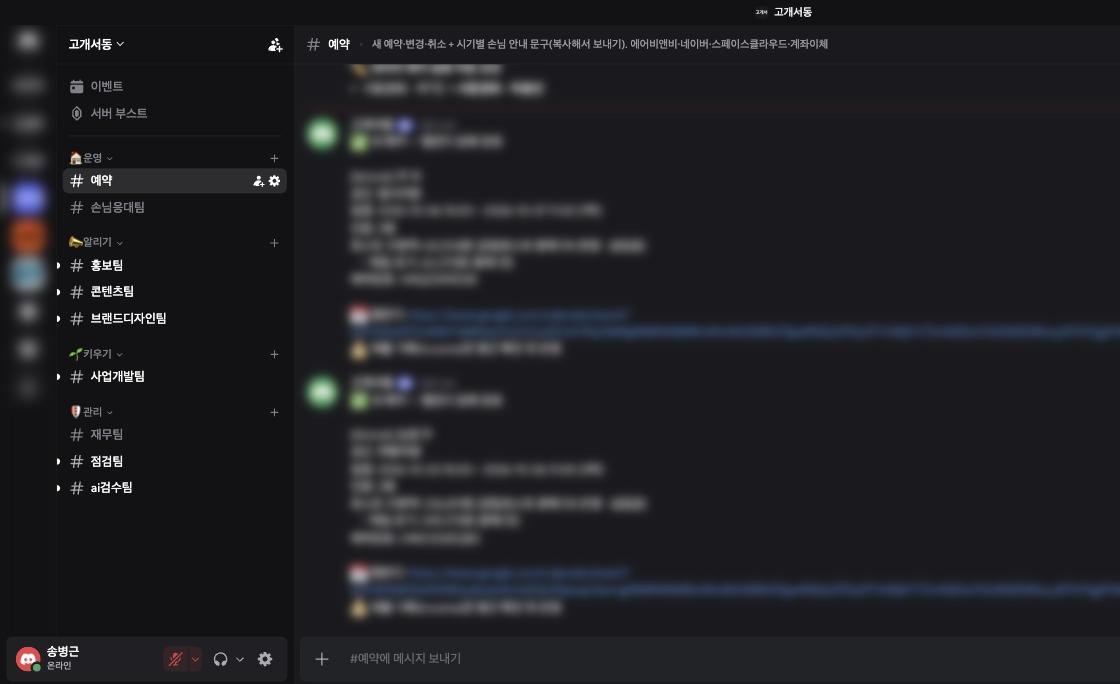 고개서동 실제 채팅방 화면. 왼쪽이 예약·손님응대·홍보·콘텐츠·브랜드디자인·사업개발·재무·점검·검수 팀 채널이고, 예약 내용은 가렸습니다